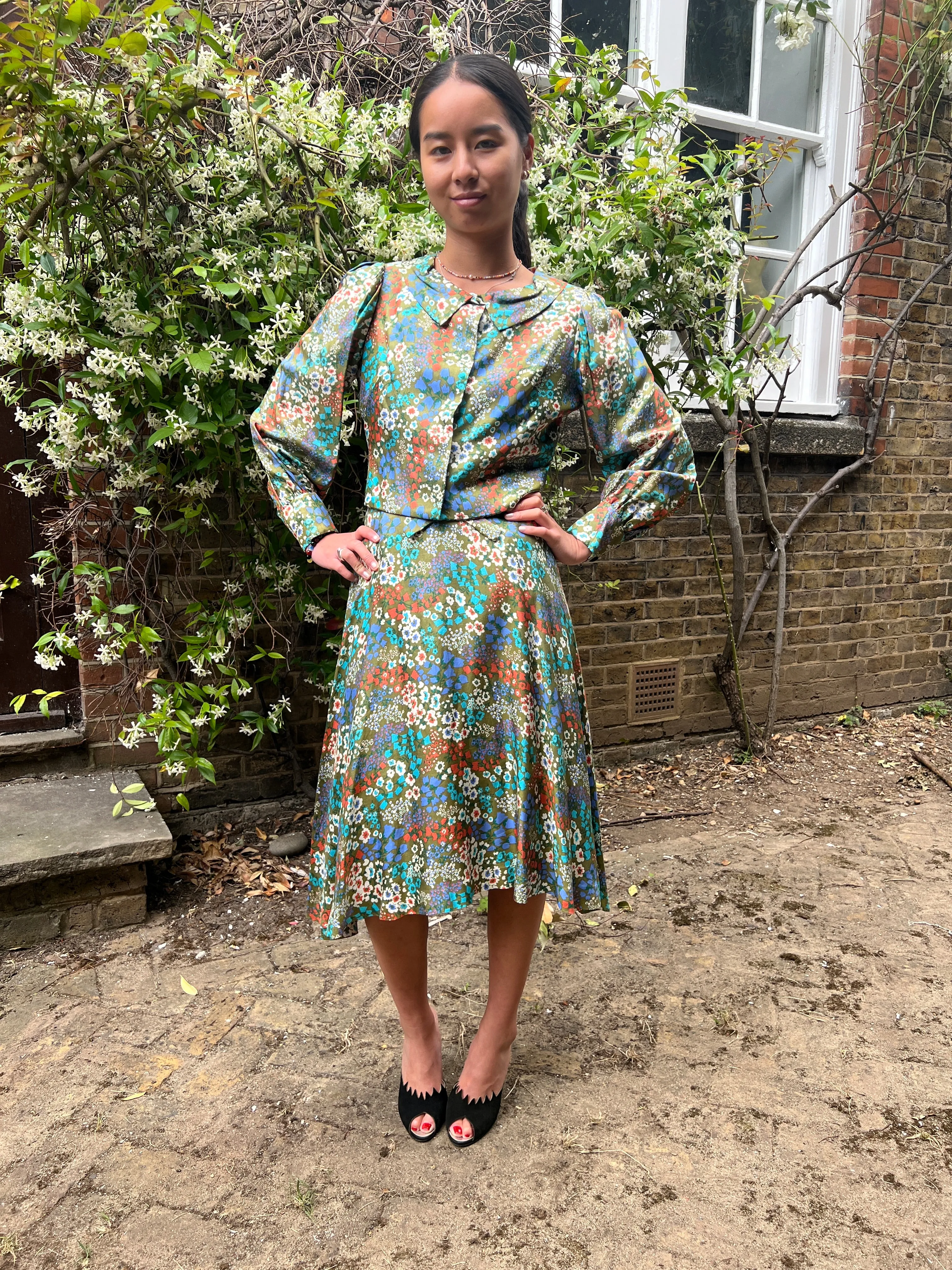 1950s Floral Print Silk Dress and Jacket Suit