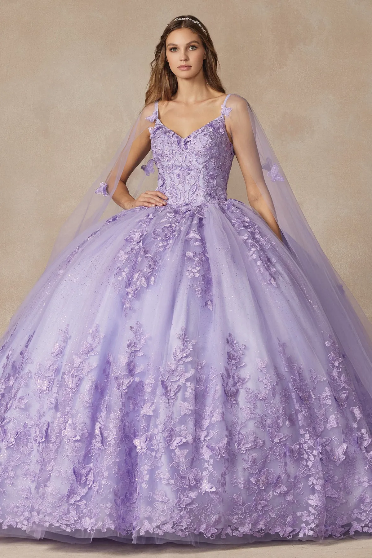 3D Butterfly appliques strapless bodice with cape quinceanera dress