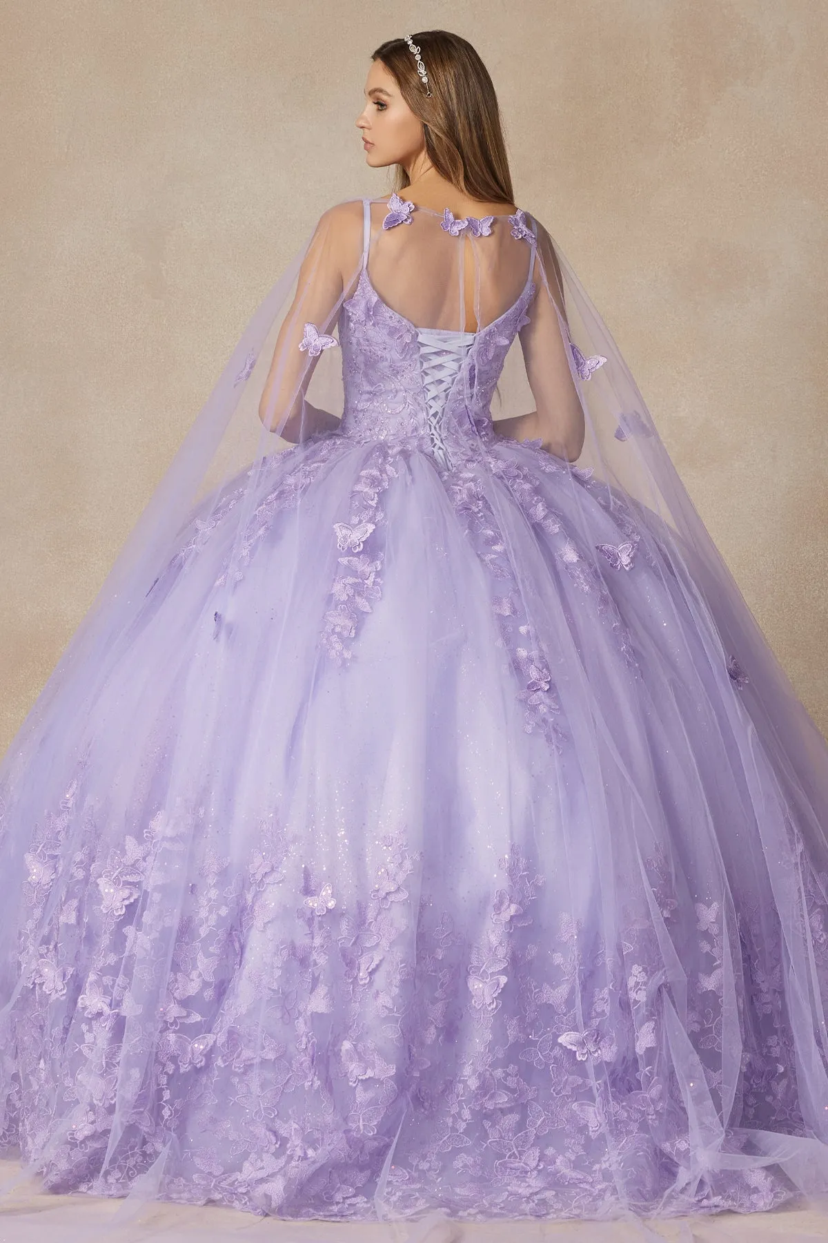 3D Butterfly appliques strapless bodice with cape quinceanera dress