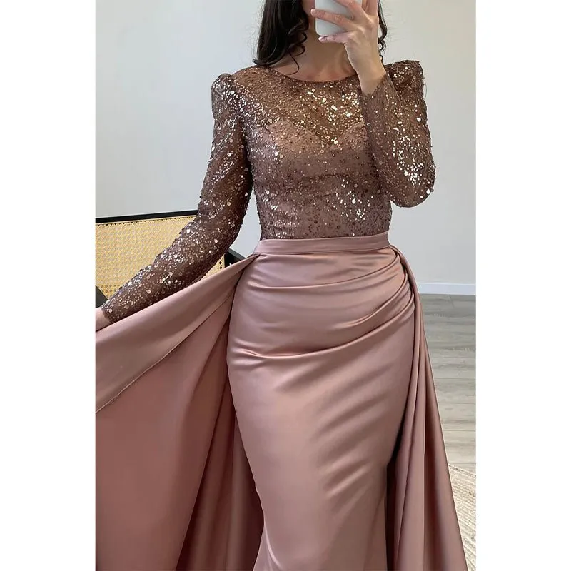 A-line Beaded Illusion Strapless Satin Long Sleeves Prom Dress Evening Gown