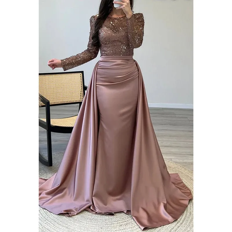 A-line Beaded Illusion Strapless Satin Long Sleeves Prom Dress Evening Gown