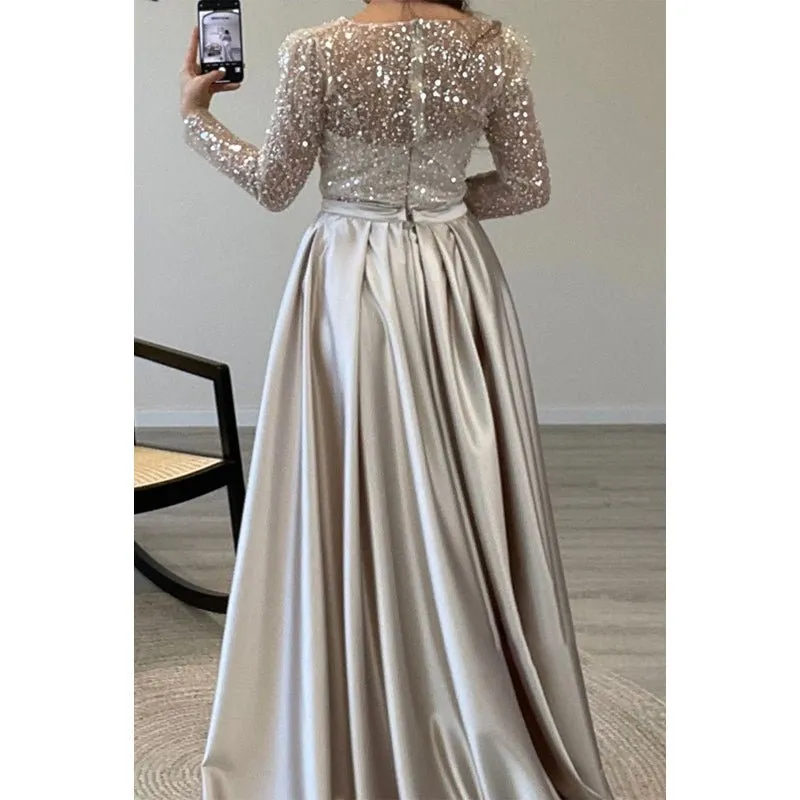 A-line Beaded Illusion Strapless Satin Long Sleeves Prom Dress Evening Gown