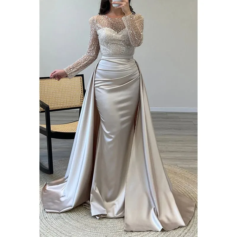 A-line Beaded Illusion Strapless Satin Long Sleeves Prom Dress Evening Gown