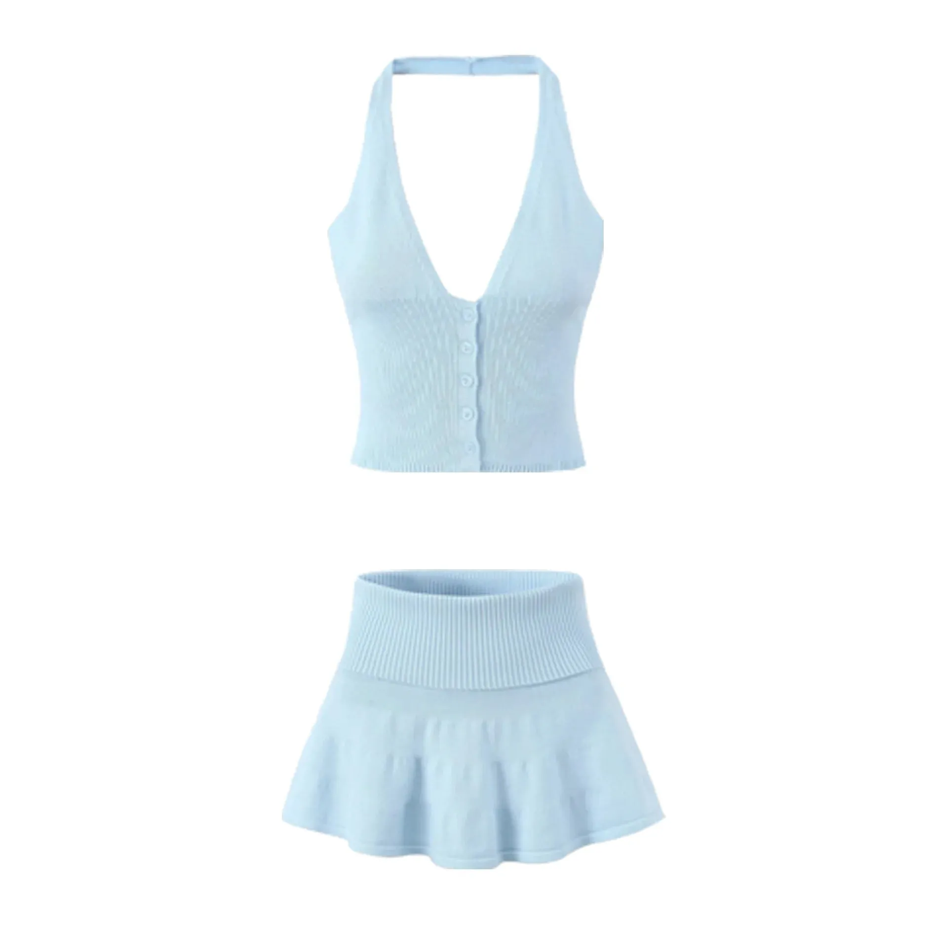 A&A Calabasas Knitted Two Piece Halter Top and Skirt Set