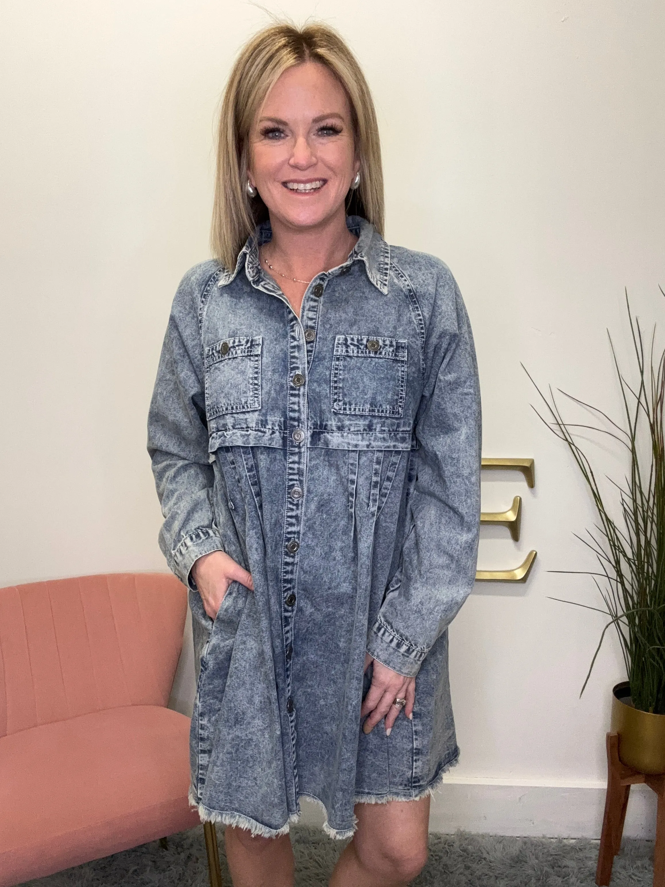 Acid Washed Denim Shirt Dress