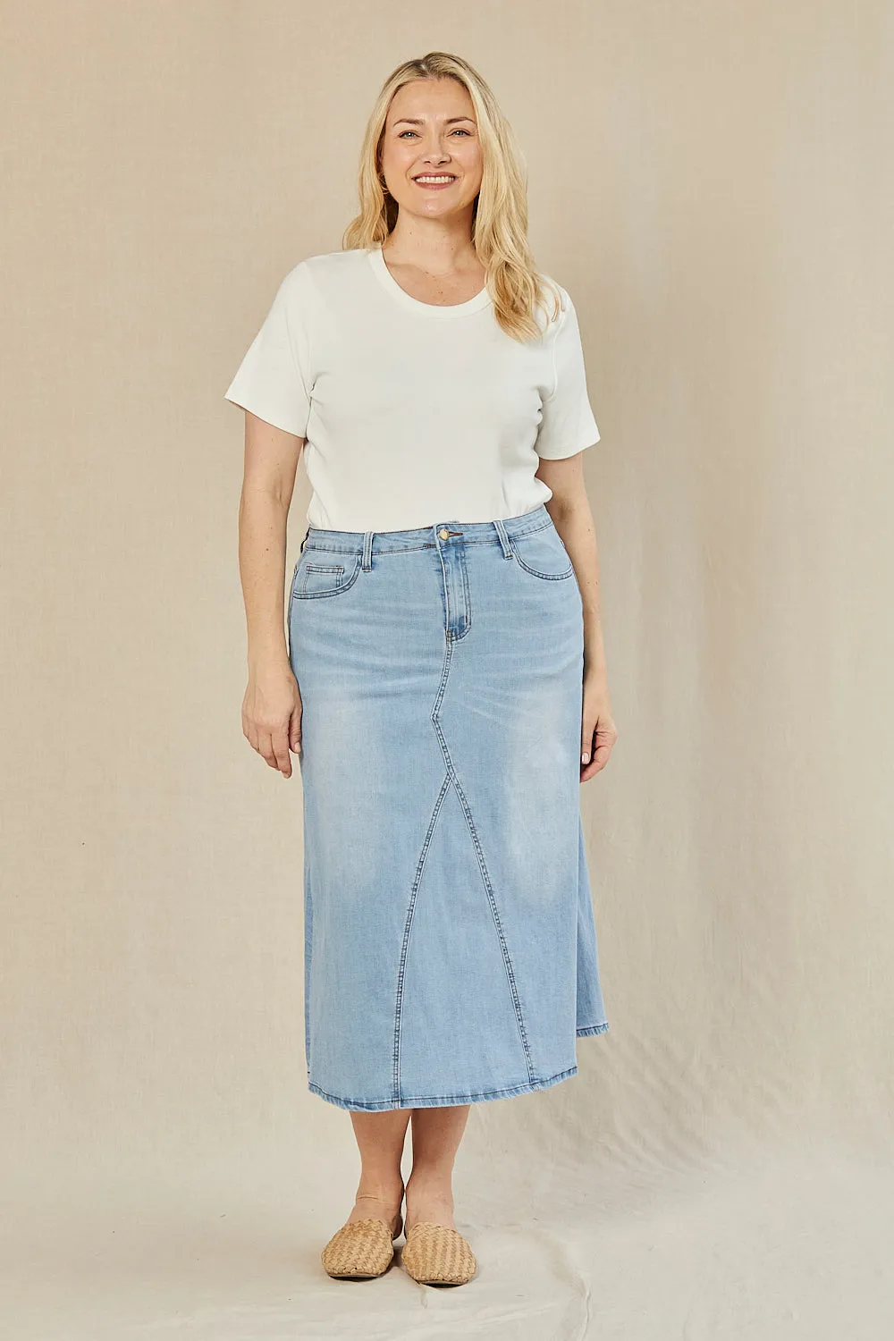 Adrift Denim Midi Skirt in Light Wash