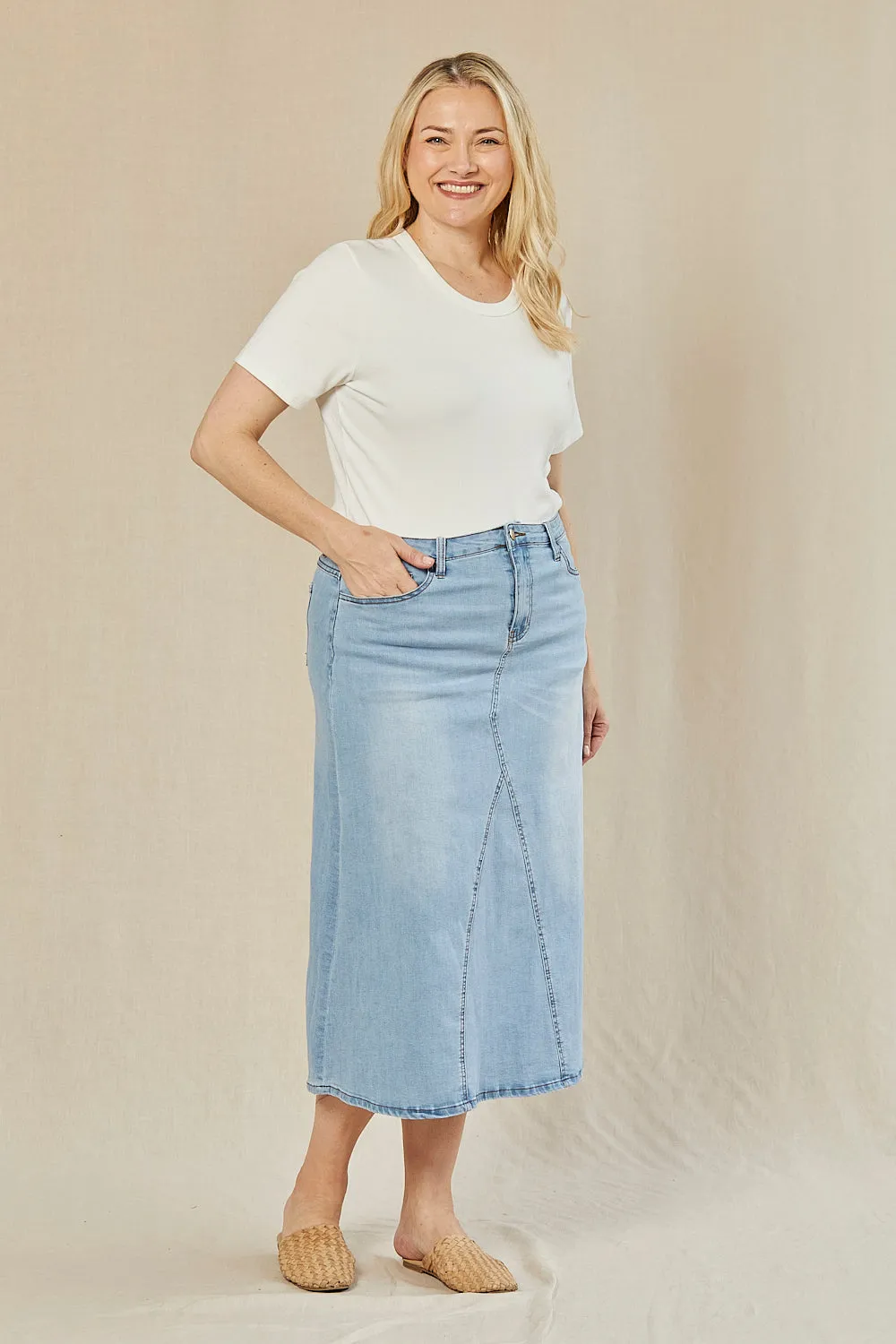 Adrift Denim Midi Skirt in Light Wash