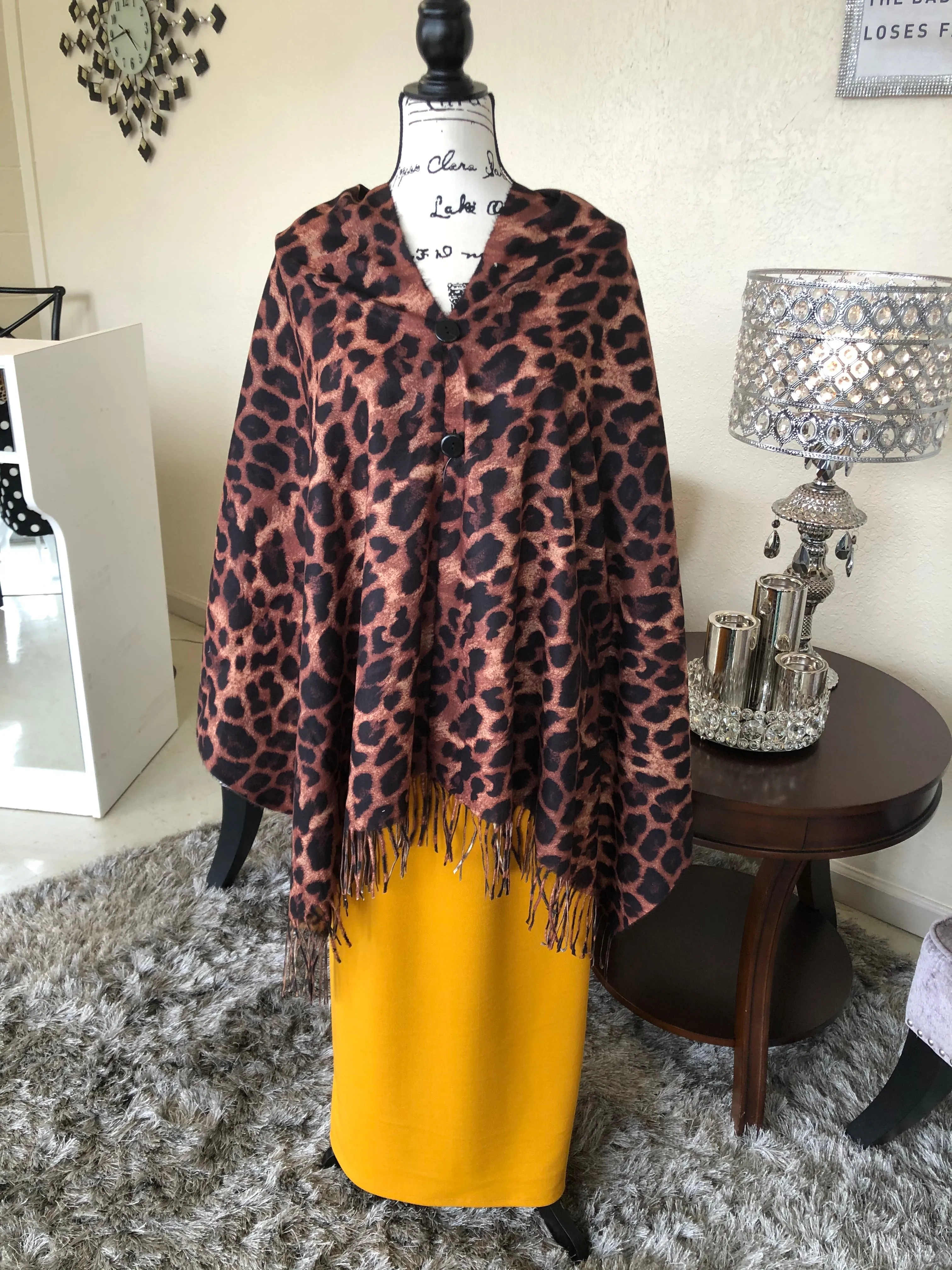 Animal Print Button Poncho/Shawl