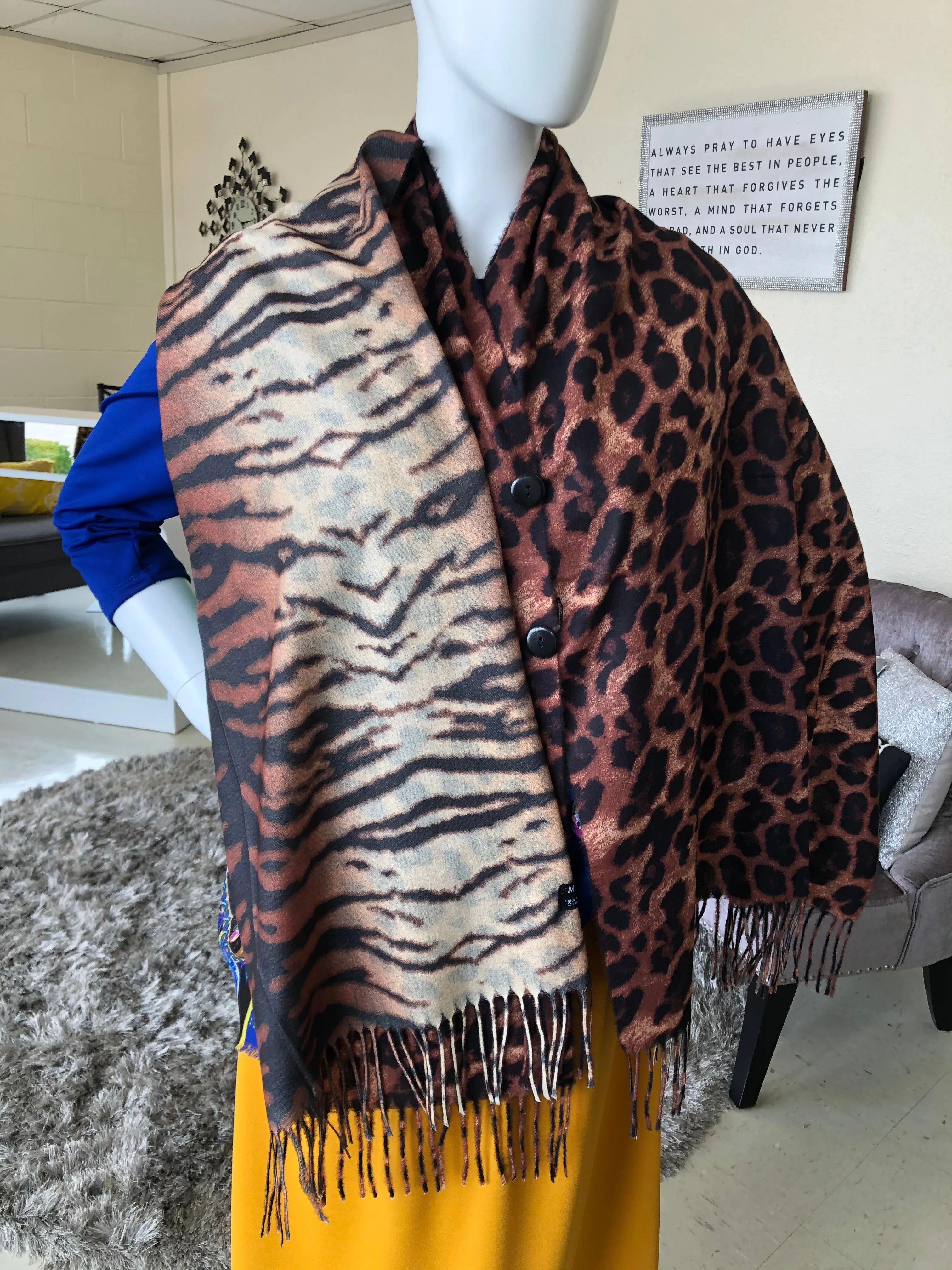 Animal Print Button Poncho/Shawl