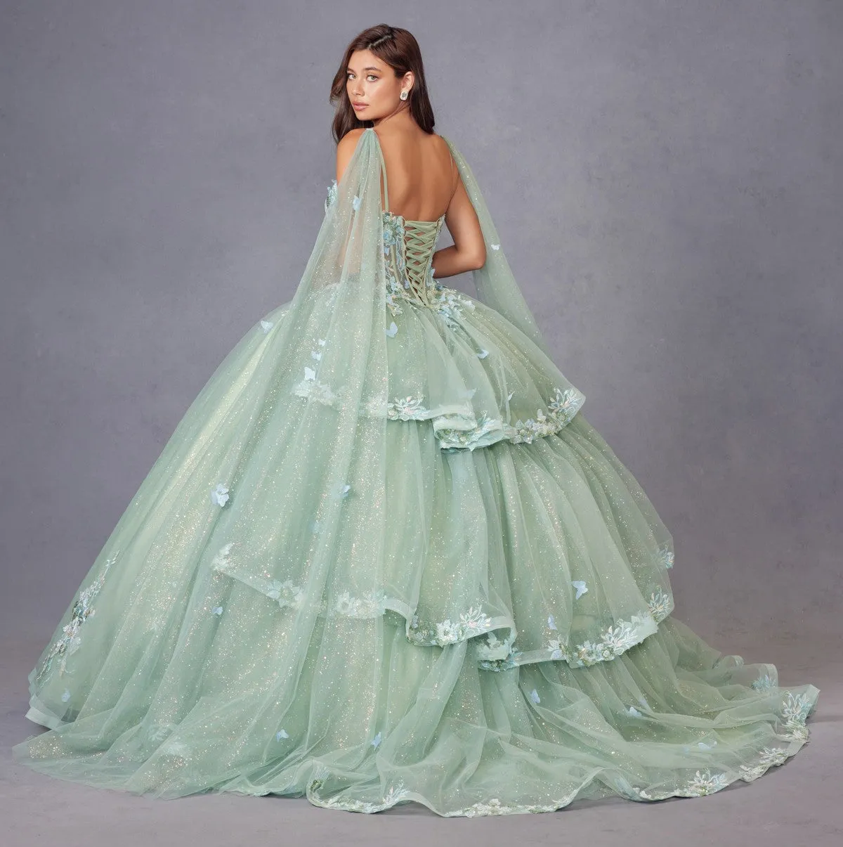 Applique Cape Sleeve Tiered Ball Gown by Juliet JT1466H