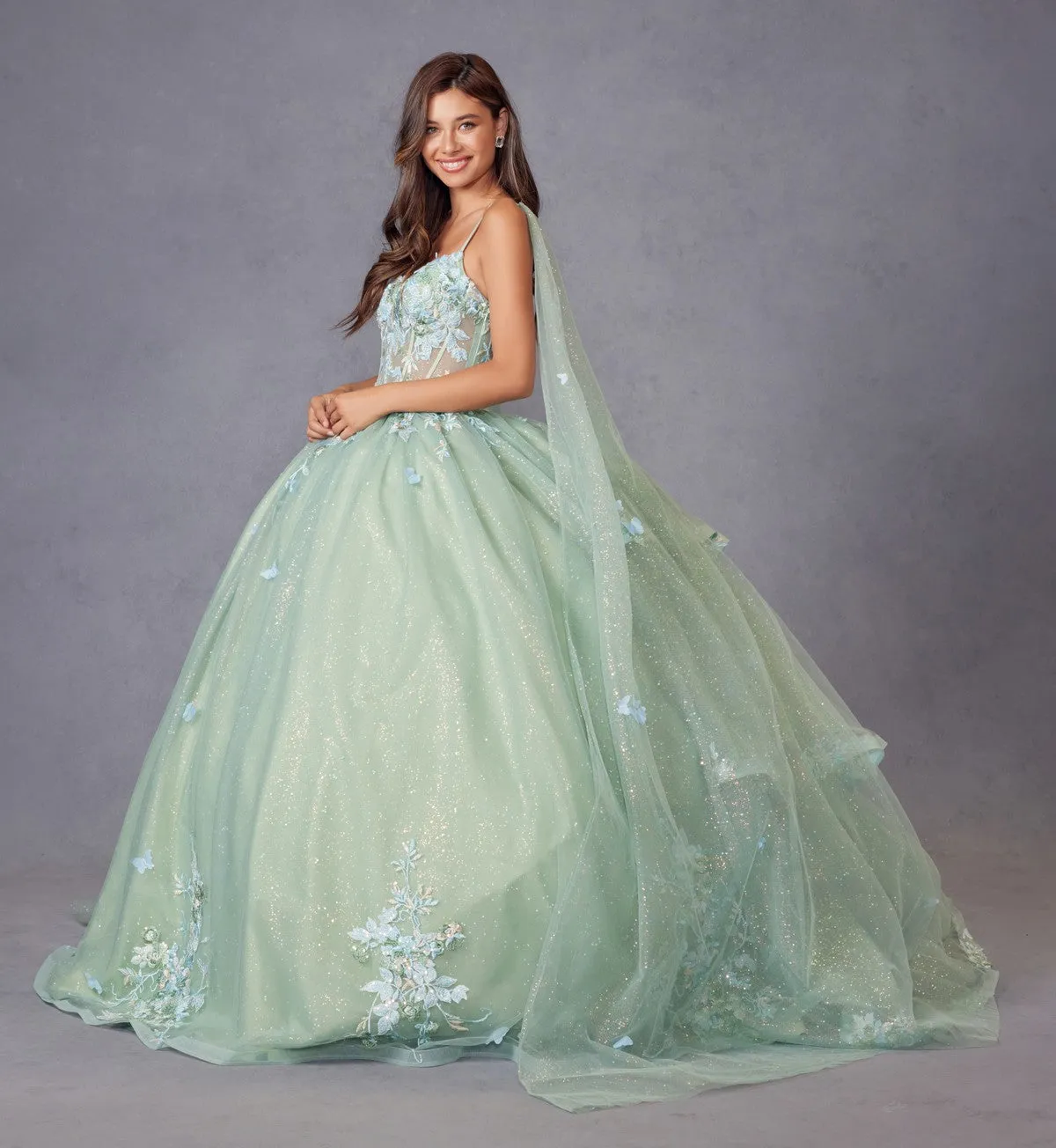 Applique Cape Sleeve Tiered Ball Gown by Juliet JT1466H