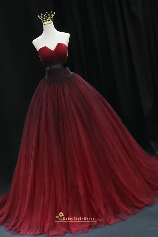 Ball Gown Black and Red Tulle Wedding Dress