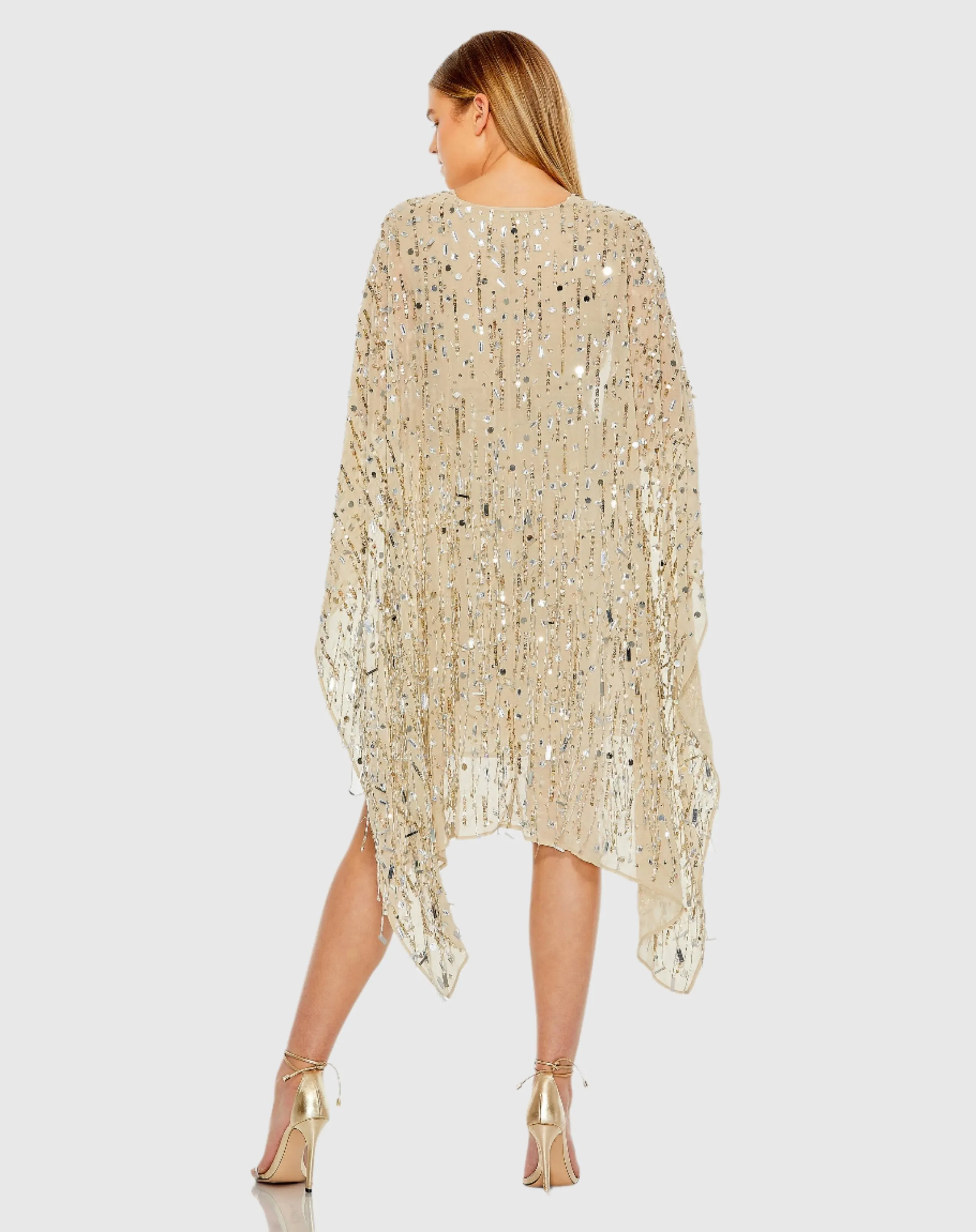 Beige Cape Back Fringe Beaded Robe Dress