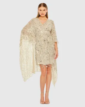 Beige Cape Back Fringe Beaded Robe Dress