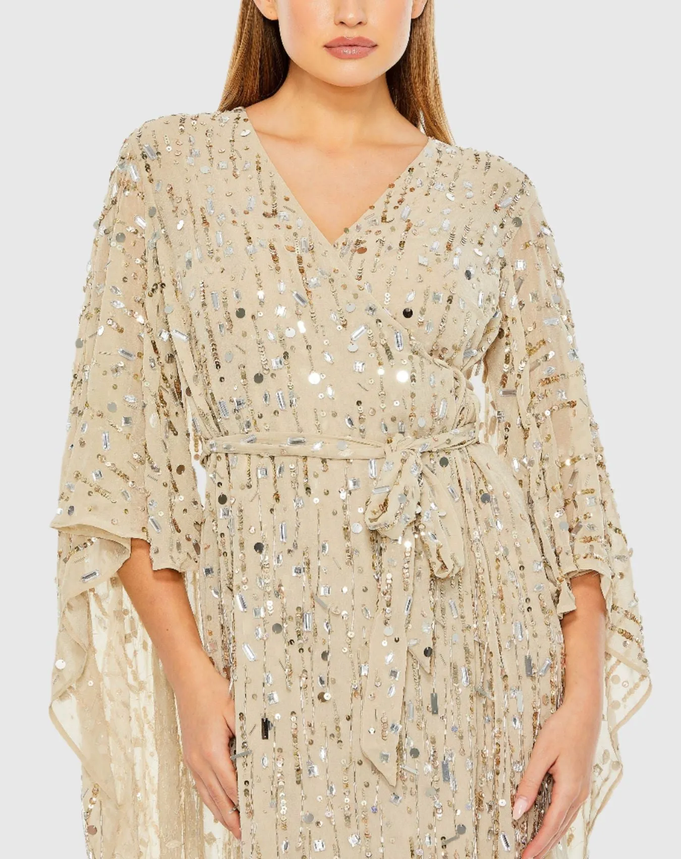 Beige Cape Back Fringe Beaded Robe Dress