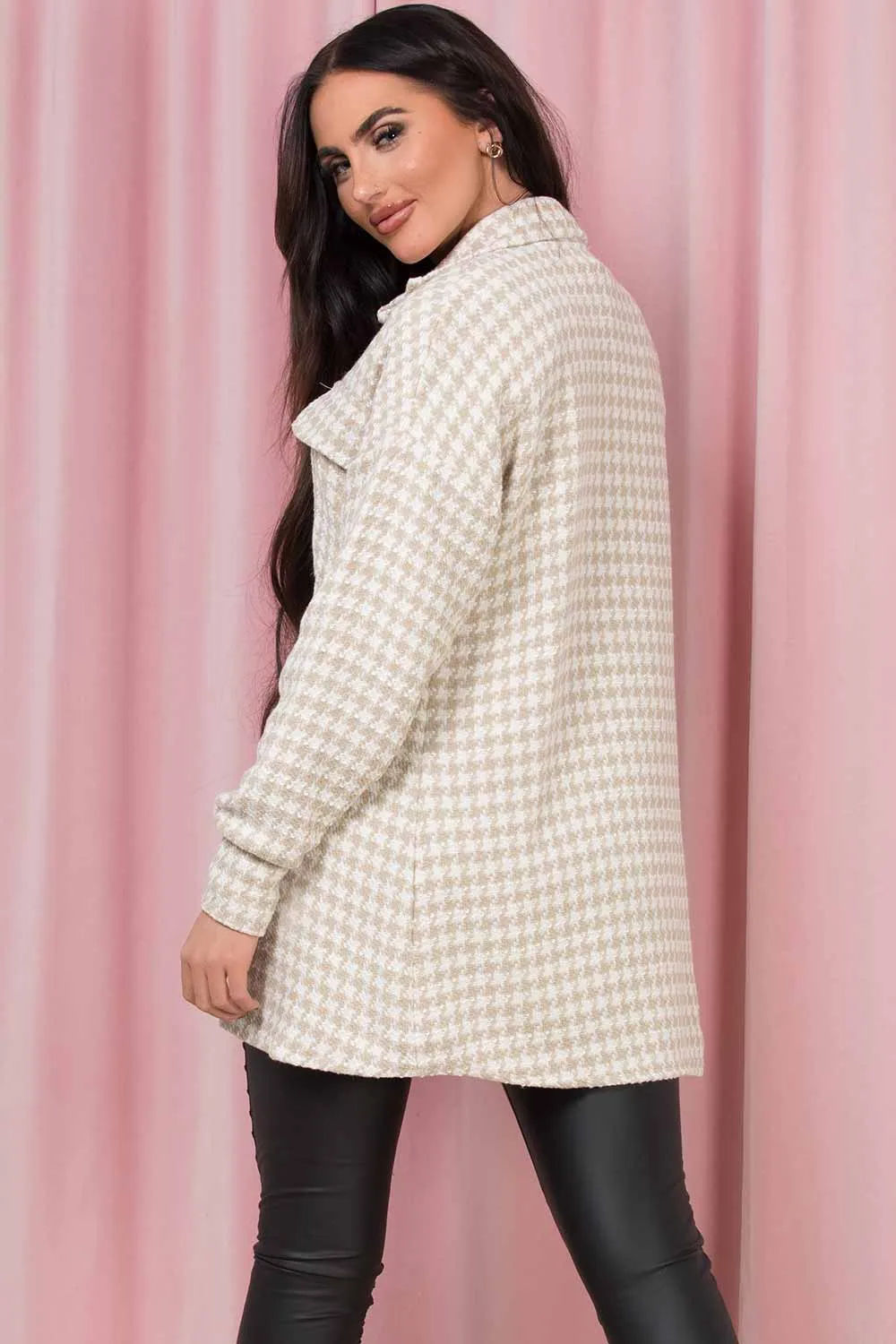 Beige Dogtooth Shacket Oversized Jacket