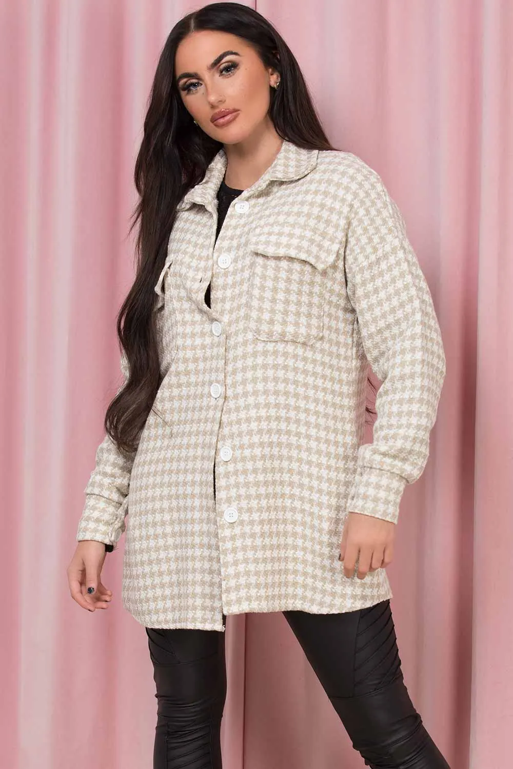 Beige Dogtooth Shacket Oversized Jacket