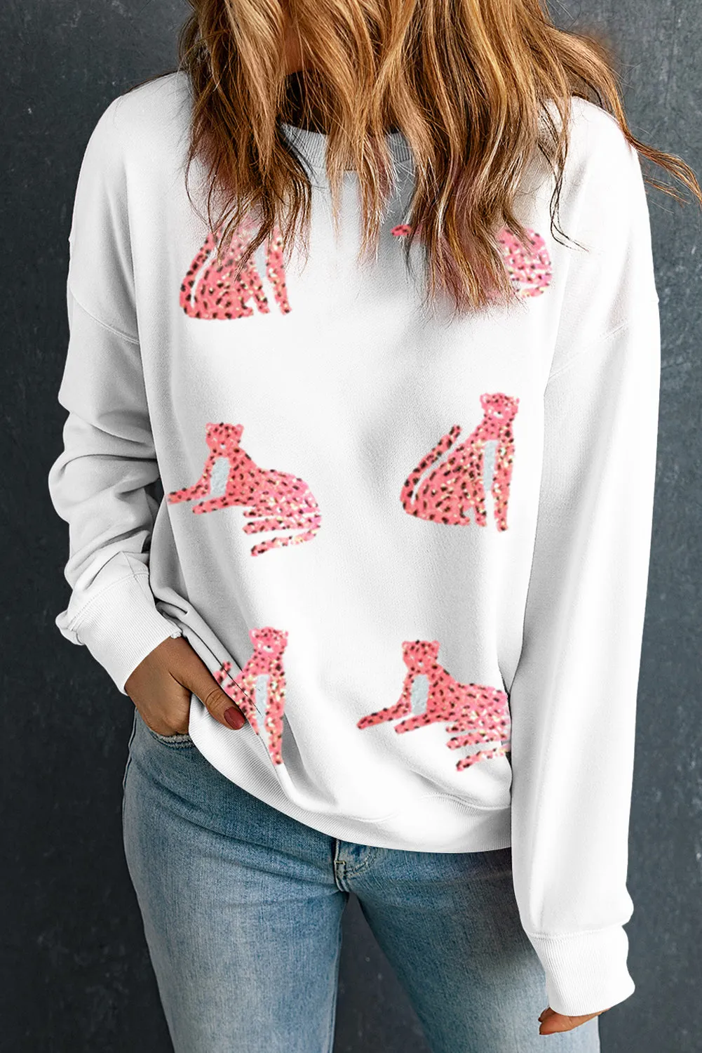 Beige Sequin Cheetah O Neck Drop Shoulder Sweatshirt