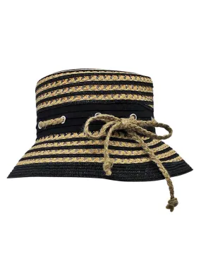 Black & Tan Straw Bucket Sun Hat With Nautical Rope Trim