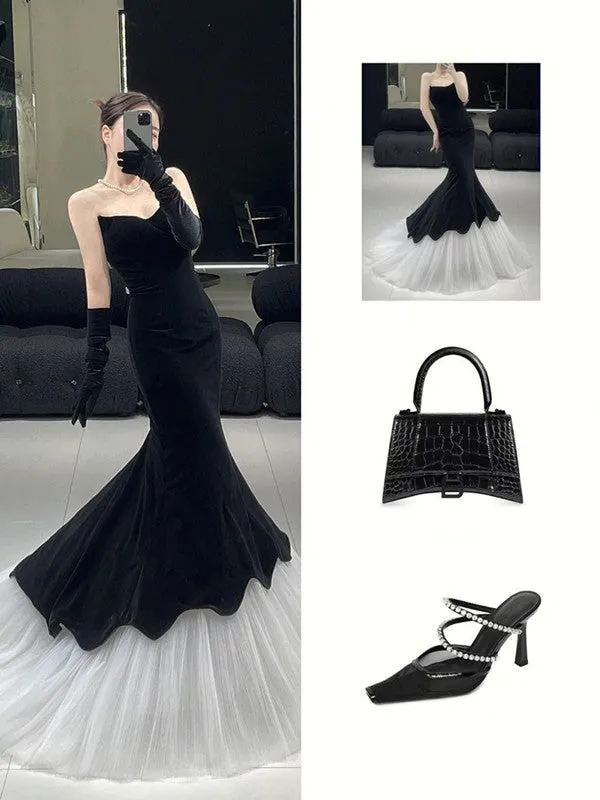 Black evening dress mermaid prom gown     fg4147