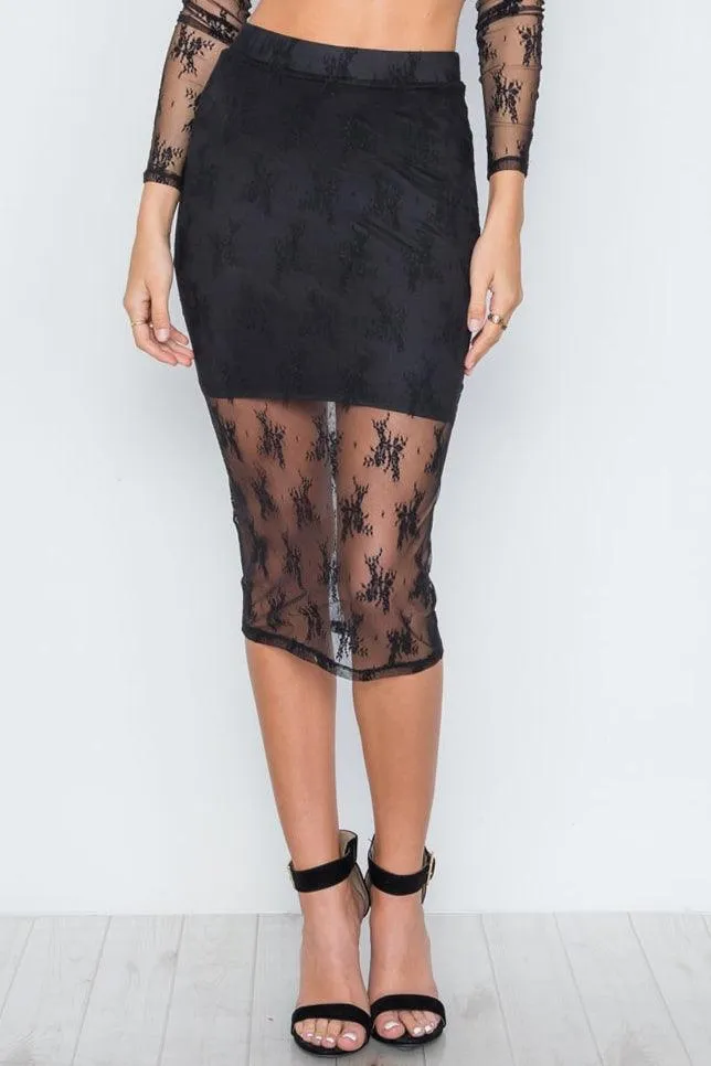 Black Foral Lace High Waist Stretchy Midi Skirt /2-1