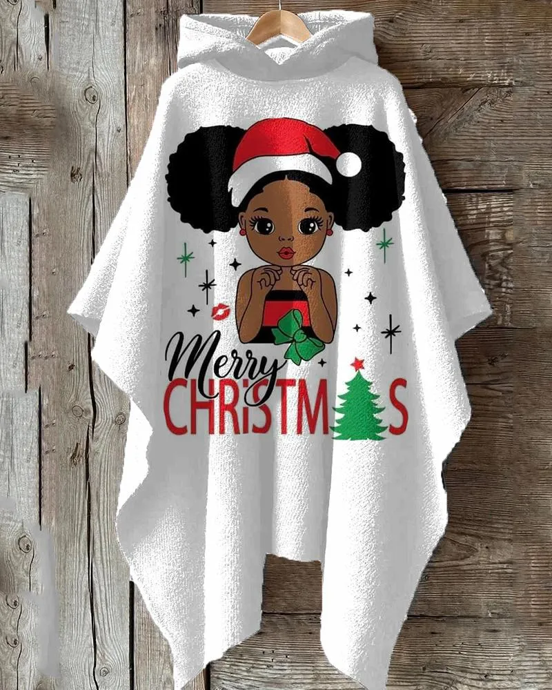 Black Girls Christmas Cartoon Print Hooded Cape