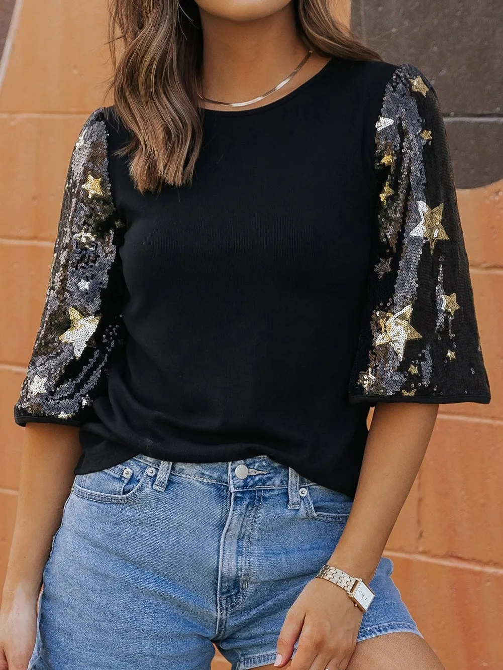 Black Knit Top with Gold Star Sequins