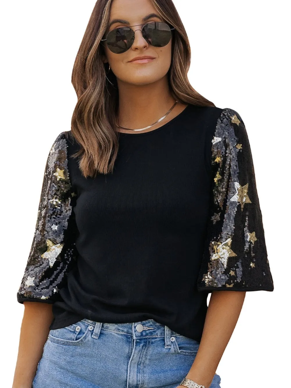 Black Knit Top with Gold Star Sequins