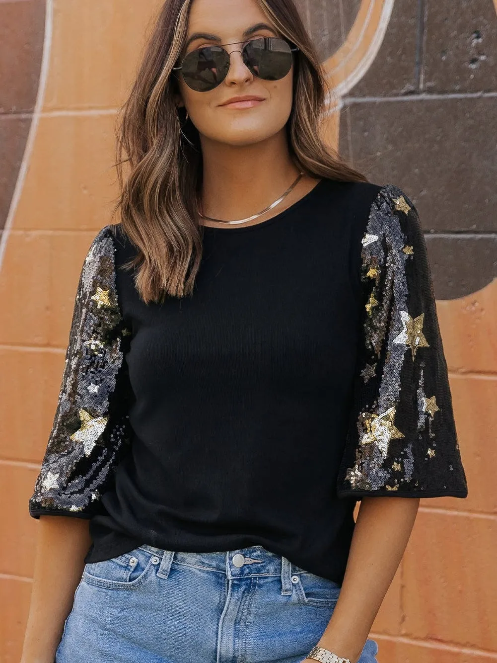 Black Knit Top with Gold Star Sequins