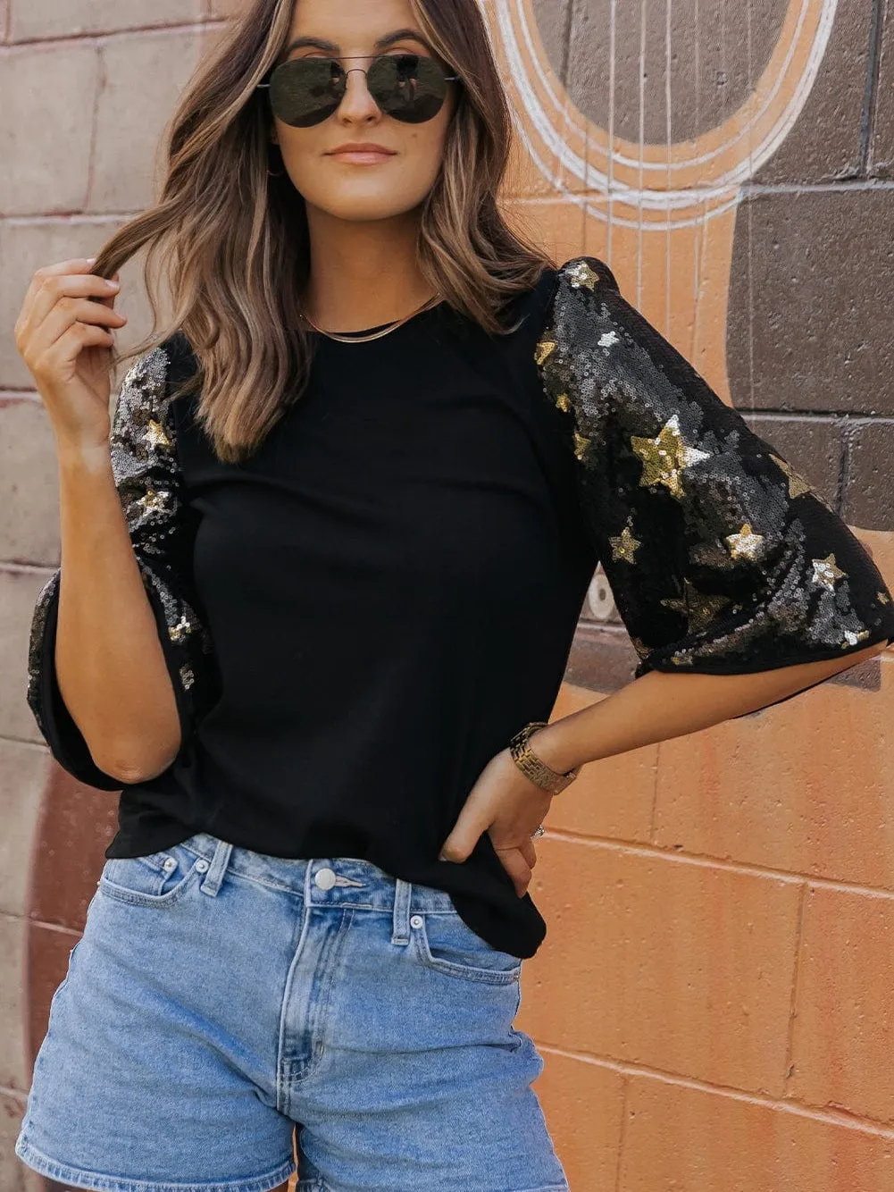 Black Knit Top with Gold Star Sequins