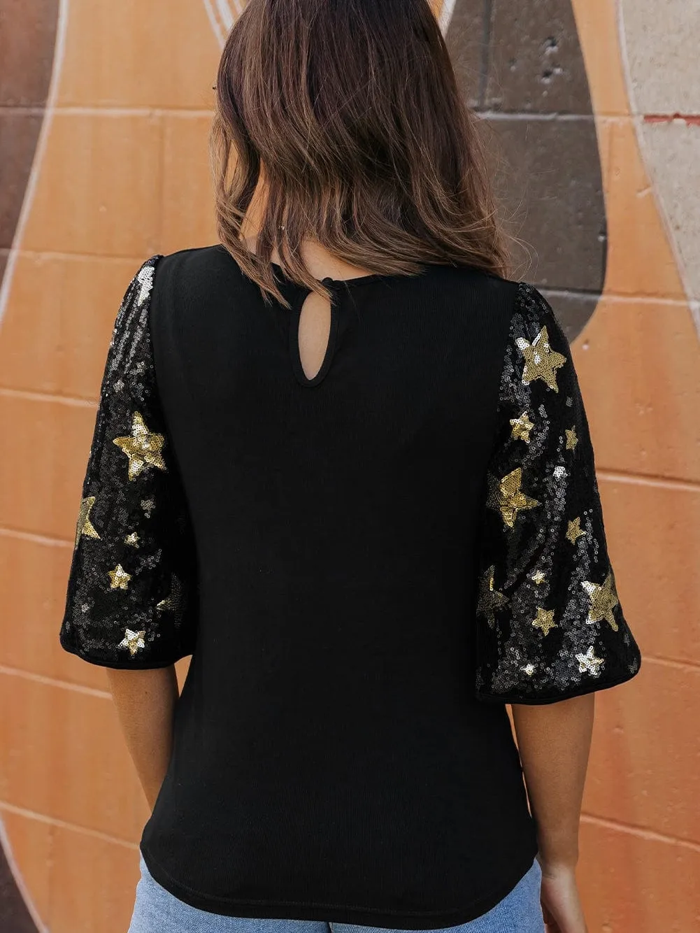 Black Knit Top with Gold Star Sequins