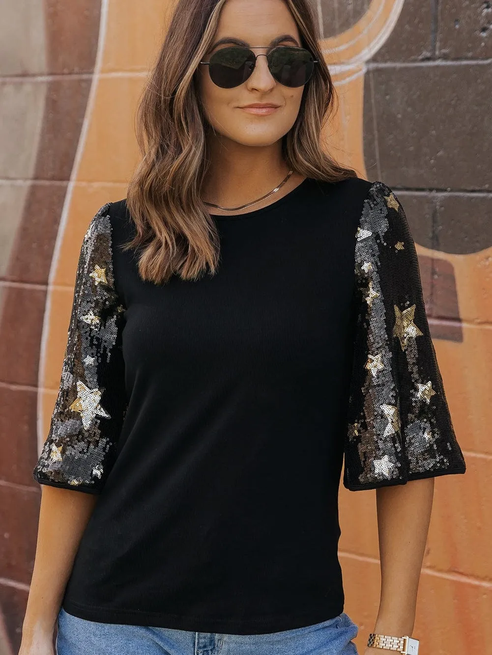 Black Knit Top with Gold Star Sequins