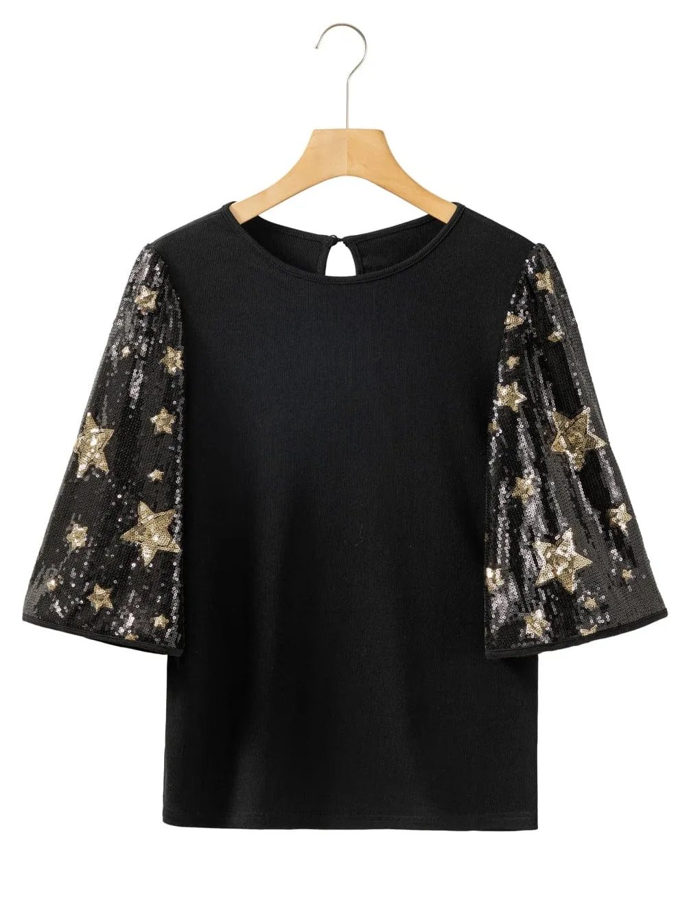 Black Knit Top with Gold Star Sequins