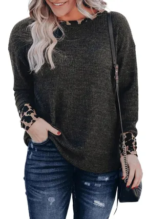 Black Leopard Contrast Trim Knit Top