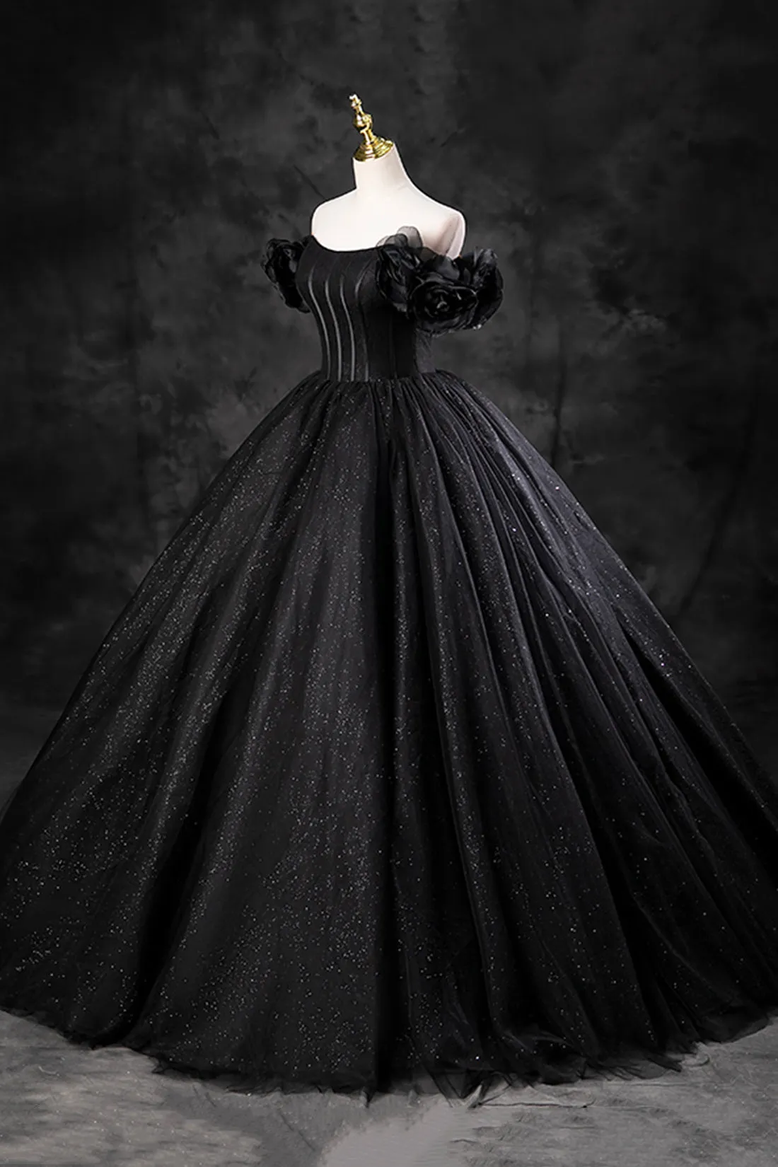 Black Tulle Floor Length A-Line Prom Dress, Off the Shoulder Evening Party Dress