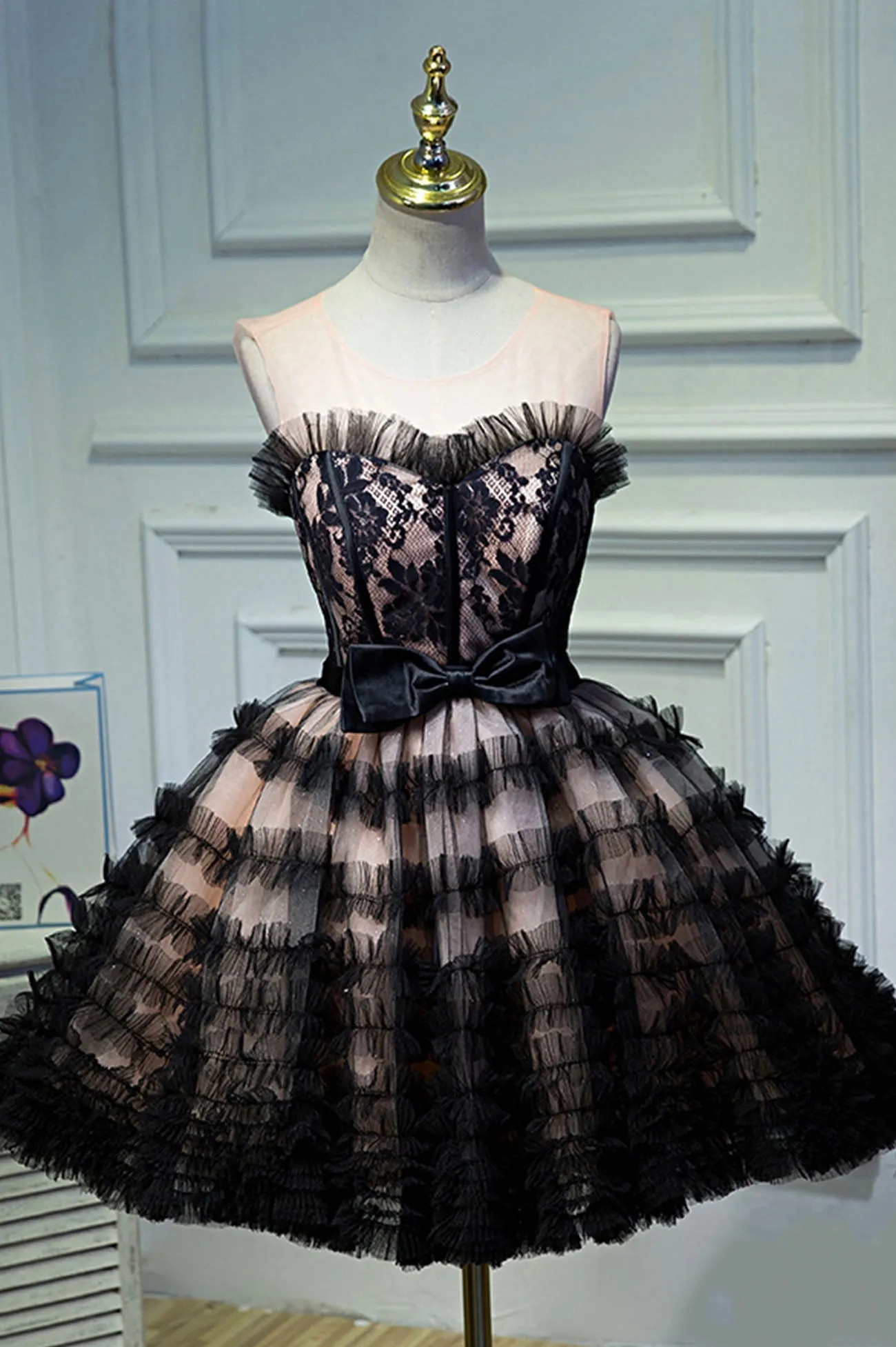 Black Tulle Lace Short Prom Dress, A-Line Black Homecoming Dress