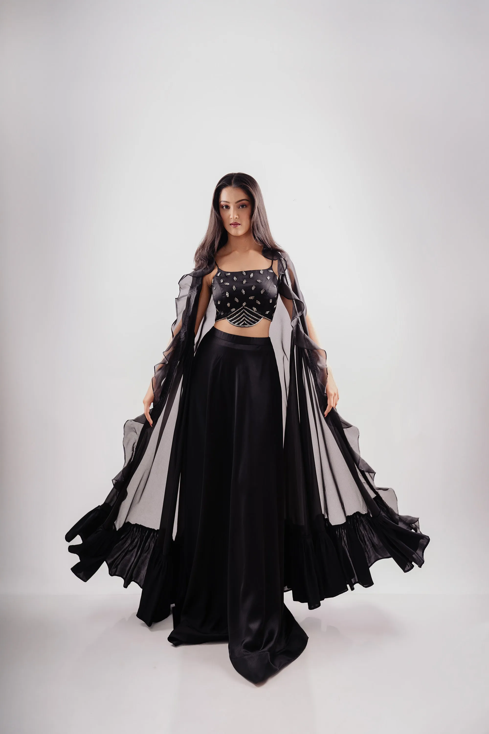 Bold Black Fancy Crop-Top, Umbrella Skirt, Flared Long Cape Ensemble