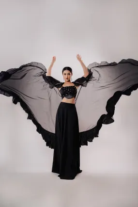 Bold Black Fancy Crop-Top, Umbrella Skirt, Flared Long Cape Ensemble