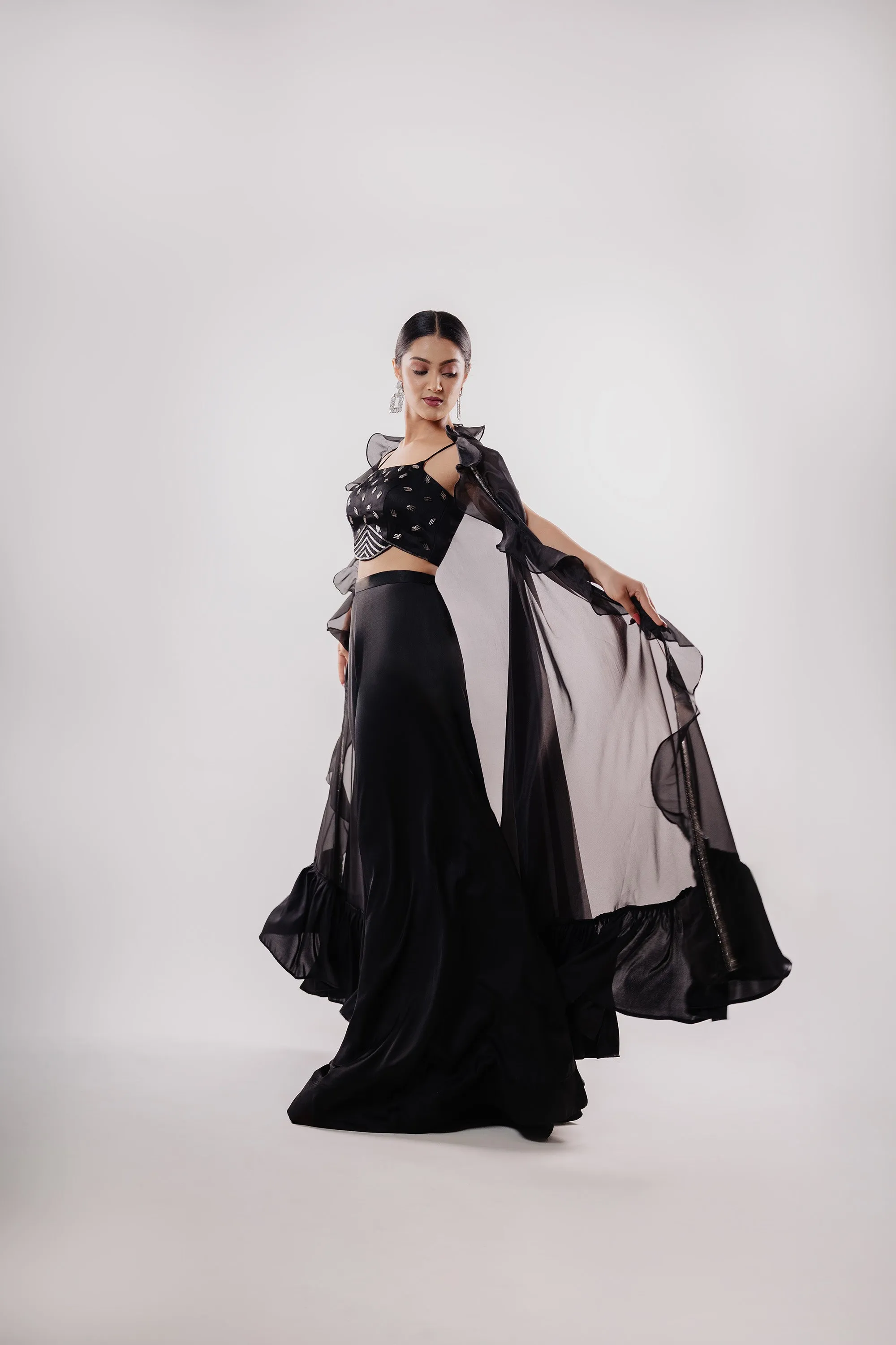 Bold Black Fancy Crop-Top, Umbrella Skirt, Flared Long Cape Ensemble