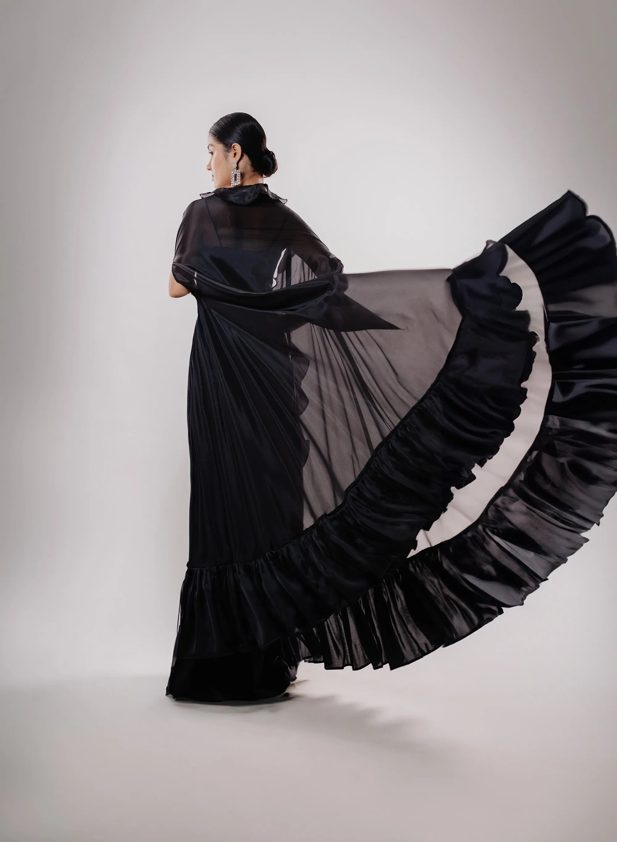 Bold Black Fancy Crop-Top, Umbrella Skirt, Flared Long Cape Ensemble