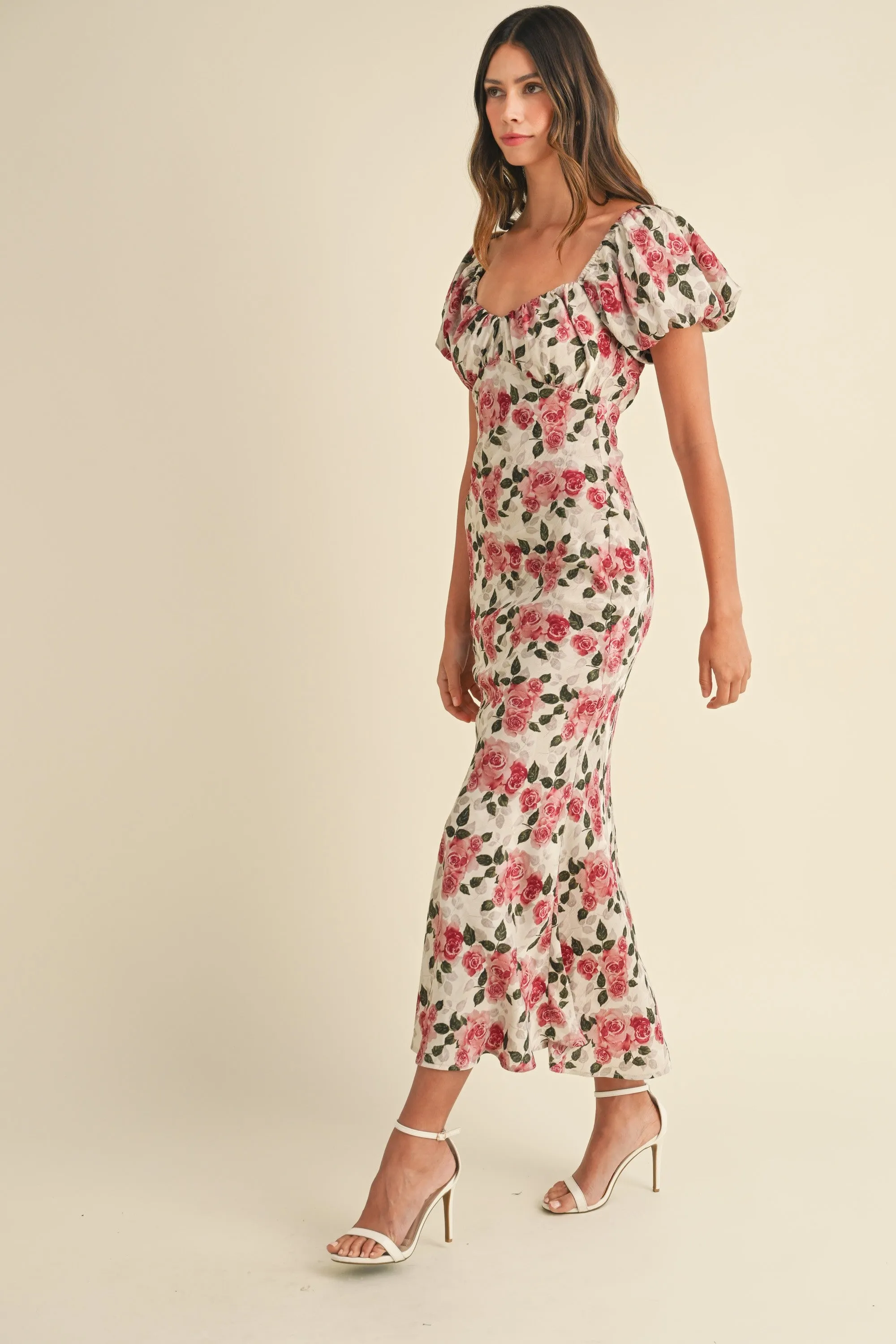 Brielle Puff Sleeve Floral Mermaid Midi Dress - Rose