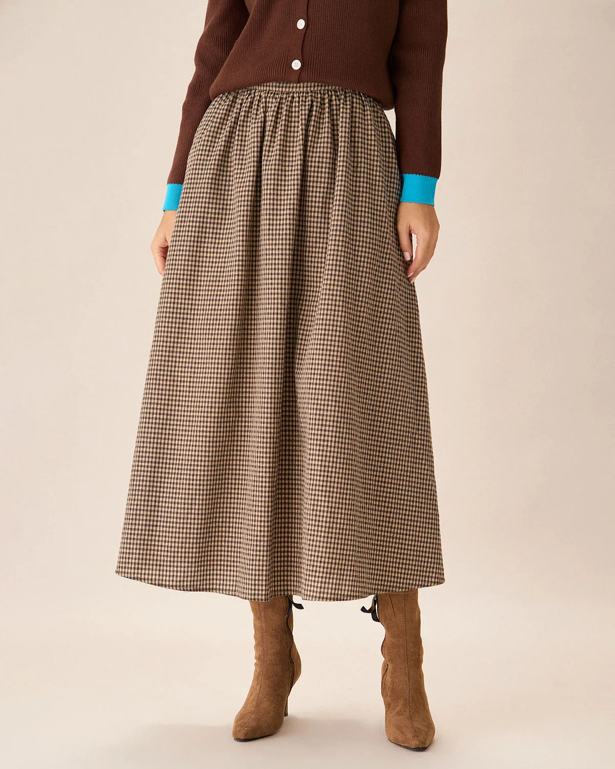 Brown Plaid High-Waisted Pocket Midi Skirt