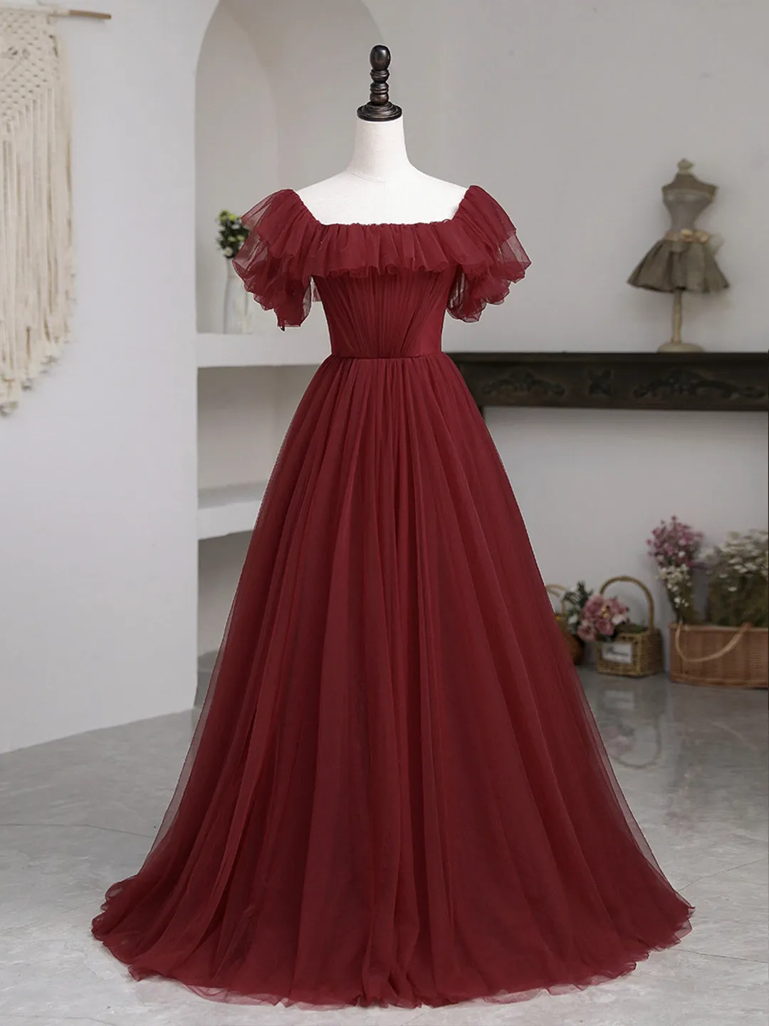 Burgundy Tulle Floor Length Prom Dress, Simple A-Line Evening Party Dress