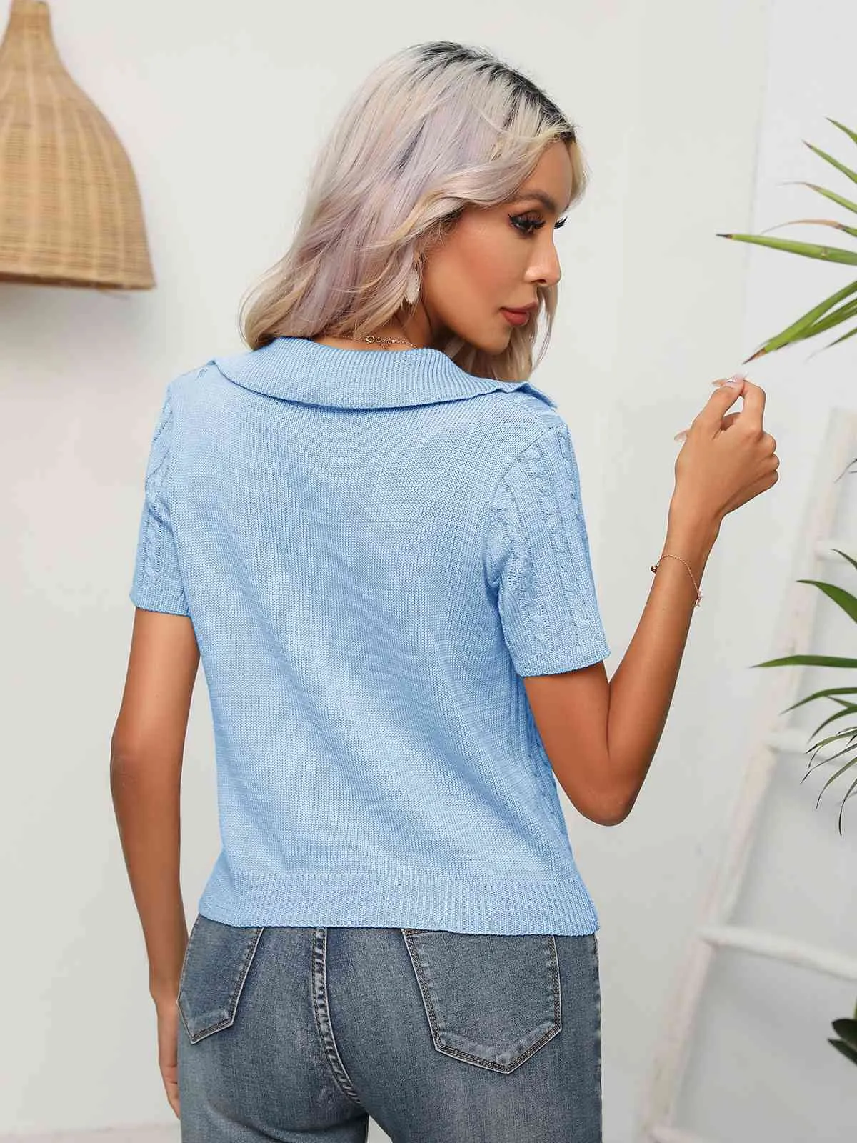 Cable-Knit Johnny Collar Short Sleeve Knit Top