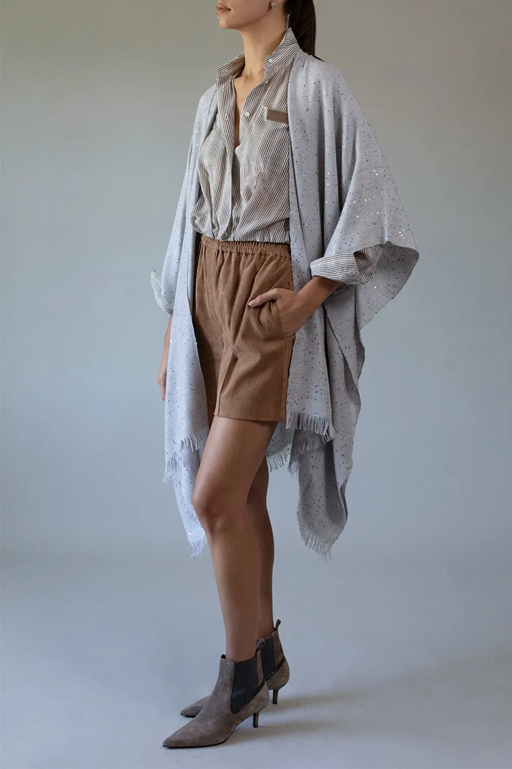 Cashmere Silk Paillette Poncho - Pearl Grey