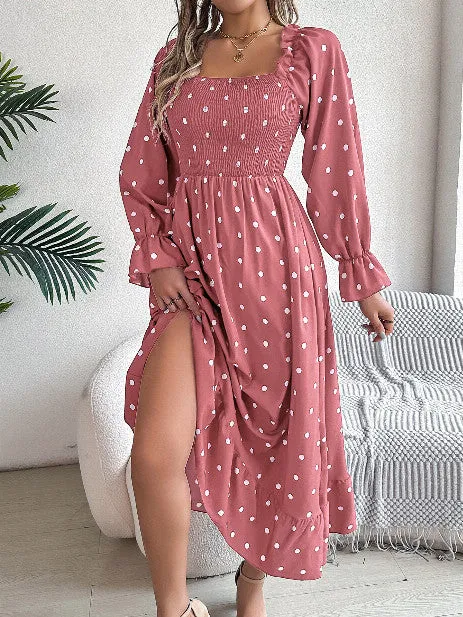 Casual  Dot Swing Dress With Wooden Ears