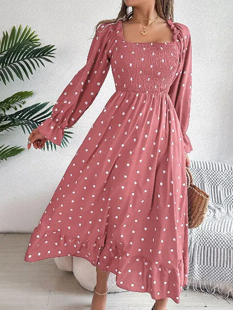 Casual  Dot Swing Dress With Wooden Ears