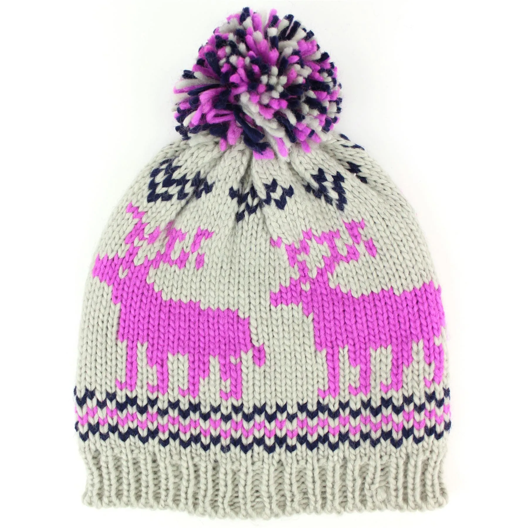 chunky knit bobble beanie hat with reindeer design - Purple