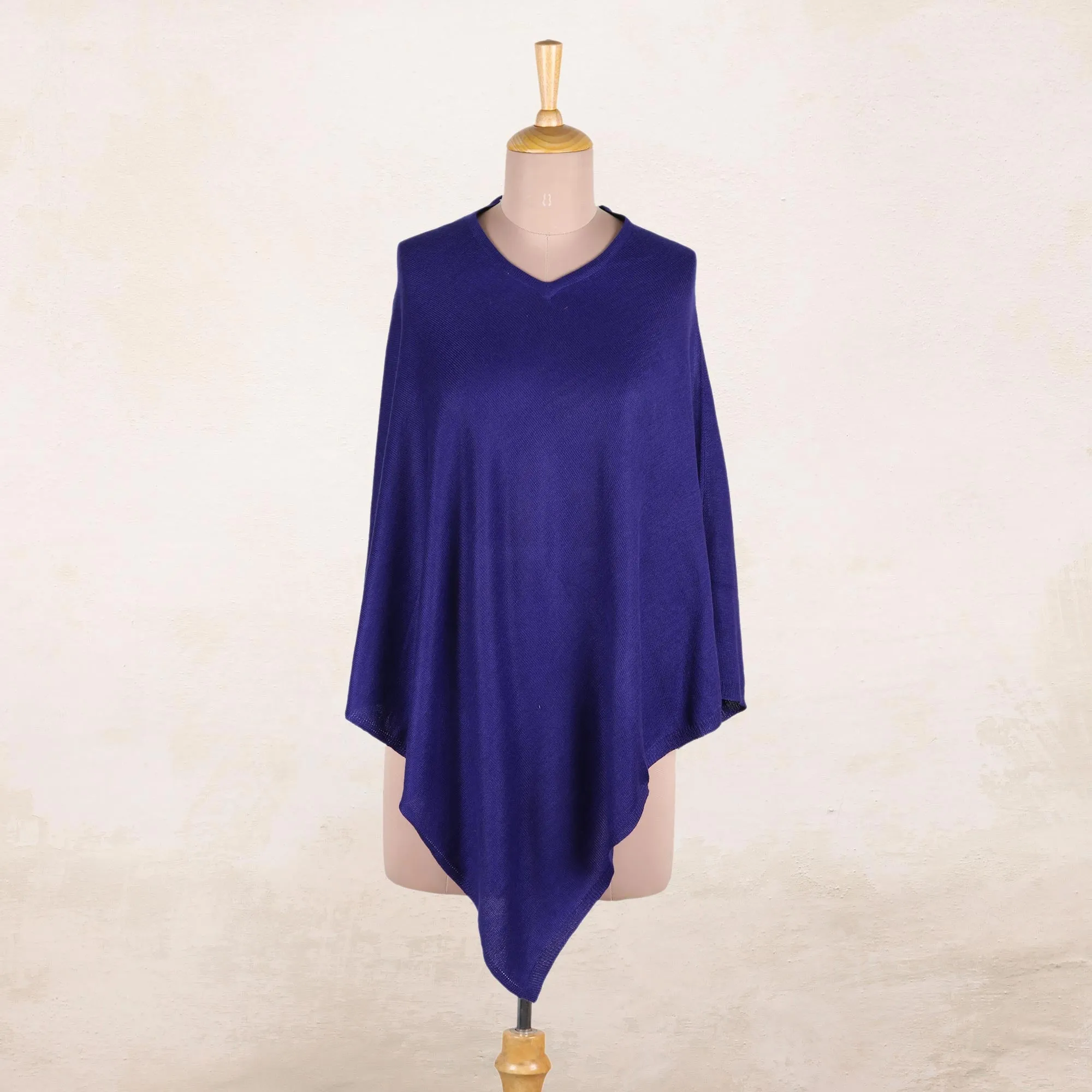 Cobalt Blue Warmth Indian Cashmere Wool Knitted Cobalt Blue Poncho