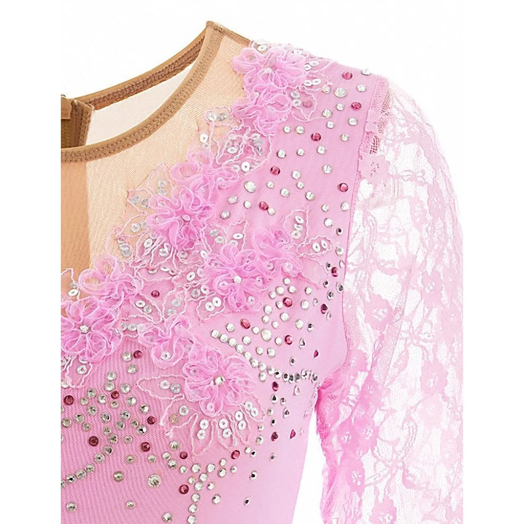 Competition Figure Skating Dress Pink Long Sleeves with Crystals BSU200214.2